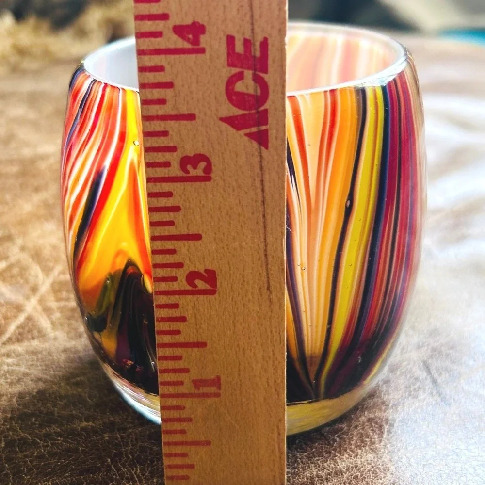 Hand Blown Art Glass Votive Candle Holder Multi Color Striped White Interior 3.5